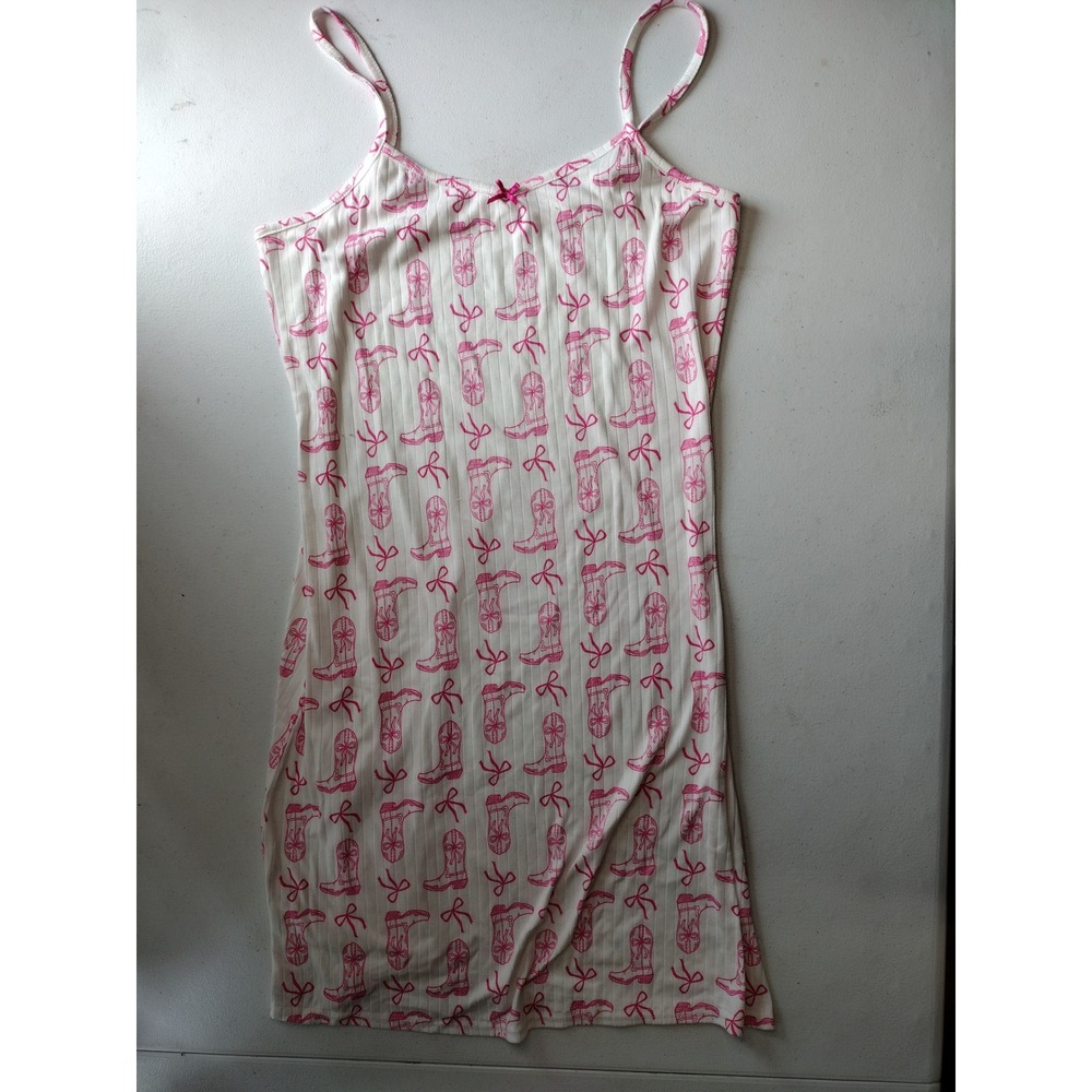 Sam & Olivia Women Pink Cowboy‎ Boot Bow Print Ribbed Cami Nightgown White S